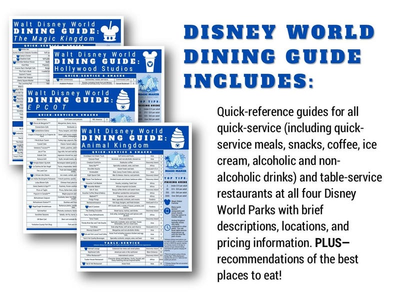 May include: A stack of four Disney World Dining Guides, each with a different park name: The Magic Kingdom, Hollywood Studios, Epcot, and Animal Kingdom. The guides are white with blue text and icons, providing quick-reference information.
