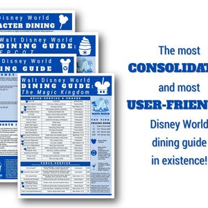 May include: Several blue and white Disney World dining guides are stacked, with the text "Walt Disney World Dining Guide" and "Character Dining" visible. The guides include dining information for Epcot and The Magic Kingdom. Text on the right reads "The most CONSOLIDATED and most USER-FRIENDLY Disney World dining guide in existence!"