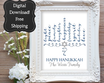 Hanukkah Menorah, Chanukkah Sign, Hanukkah Decorations, Hanukkah Printable Sign, Hanukkah Housewarming Gift, Hanukkah Hostess Gift