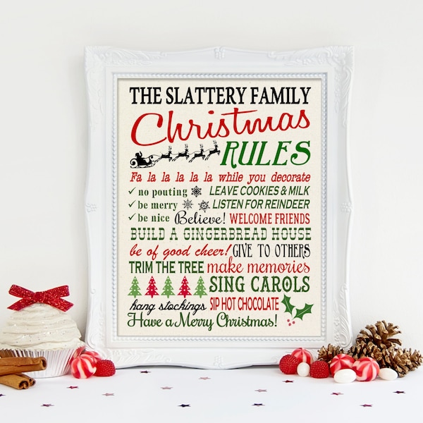 Panneau des règles de famille de Noël, panneau de nom de famille de Noël, panneau de Noël de ferme, cadeau de Noël d'épouse, art du métro de Noël, panneau de Noël