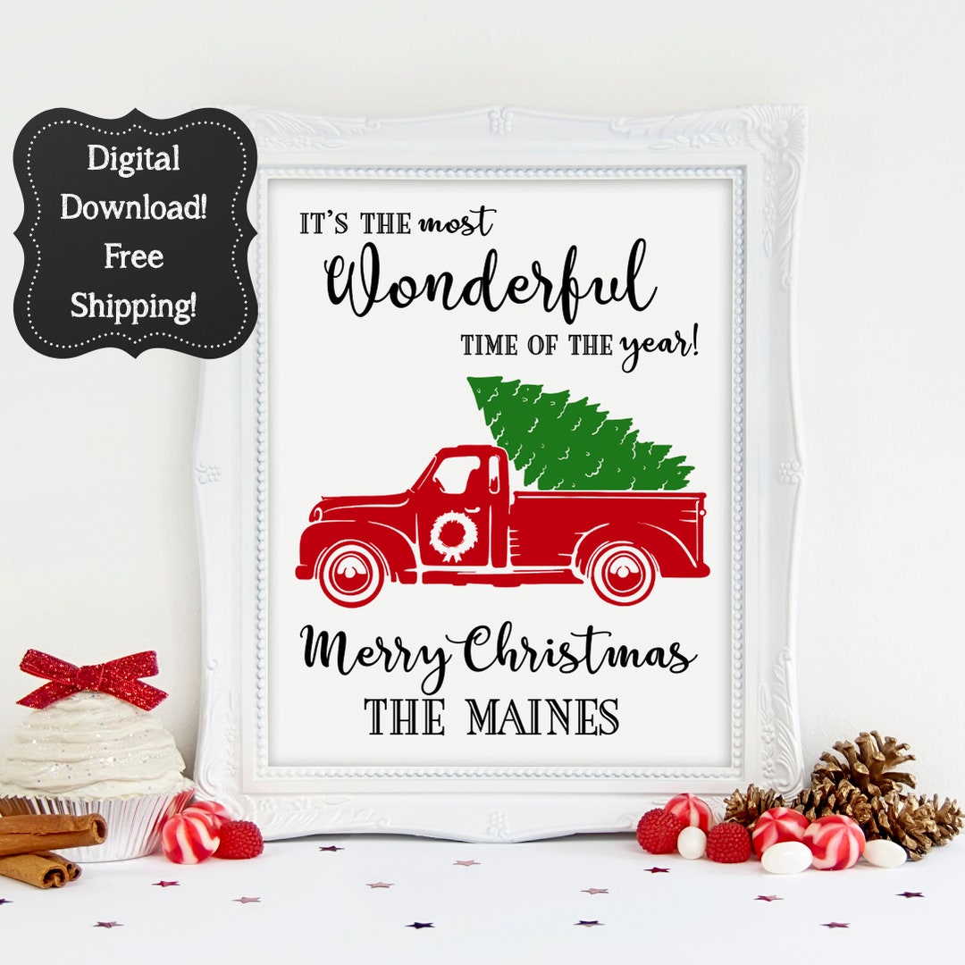 Printable Red Truck Sign, Red Truck Sign, Red Truck Christmas Sign, It's the Most Wonderful Time ...
