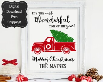 Printable Red Truck Sign, Red Truck Sign, Red Truck Christmas Sign, It's the most wonderful time of the year, Christmas Décor, DIY