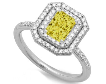 GIA 0.50 Carat Radiant-Cut Yellow Fancy Intense Diamond & Double Halo Engagement Ring 14k White Gold, 18k, or Platinum, Yellow Diamond Rings