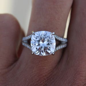 5 Carat Cushion Forever One Moissanite & Diamond Split Shank Engagement Ring, 10mm Cushion Forever One Moissanite Rings 5ct Moissanite Rings