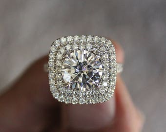 GIA 2.50 Carat Round Diamond & Double Halo Engagement Ring Platinum, Luxury Diamond Wedding Rings, Raven Fine Jewelers, Handmade Rings