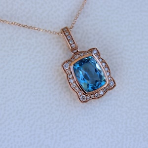 2 Carat Cushion-Cut Swiss Blue Topaz & Diamond 14k Rose Gold Pendant, Vintage Inspired, Christmas Gifts, Anniversary Necklaces for Women