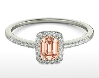 Morganite Ring - Morganite Engagement Ring 14k White Gold - Emerald cut Morganite and Diamond Halo Wedding Engagement Ring - Rings For Women