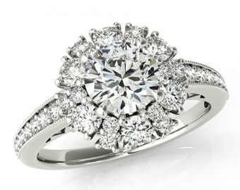 2 Carat Diamond Engagement Ring ( 1 Carat Center) 14k, 18k or Platinum - Lotus Flower Halo Ring - For Women - GIA Certified