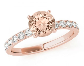 Morganite & Diamond Solitaire Engagement Ring 14k Rose Gold - Morganite Rings for Women - Gemstone Engagement Rings - Anniversary Gifts