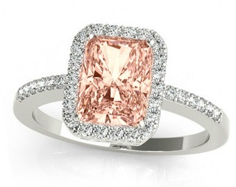 Morganite Ring - 2.75 ct 10x8 mm Emerald Cut Peach Pink Morganite & Diamond Engagement Ring 14k White Gold- Wedding Ring -Also 14k Rose Gold