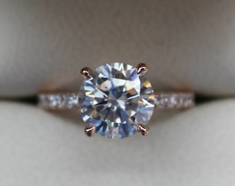 3 Carat Round Raven Moissanite & Diamond Engagement Ring 14k Rose Gold, Anniversary Rings, Diamond Alternative, Bespoke Jewelry