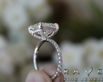 5 Carat Elongated Cushion Lab Grown Diamond, Hidden Halo & Diamond Prongs Engagement Ring 14k White Gold (H color and VS1 clarity)