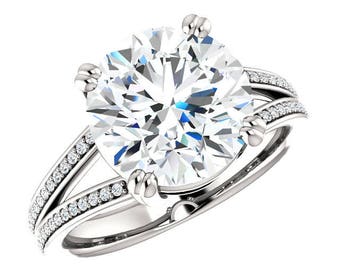 4.00 Carat Forever One Moissanite & Diamond Split Shank Engagement Ring 10mm Round Moissanite Rings, Huge Moissanite Rings for Her, Custom
