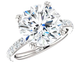 5 Carat Round Cut Forever One Moissanite & 2mm Diamond Engagement Ring, Moissanite Rings, Custom Jewelry, Handmade Rings, 5ct Rings, 11mm