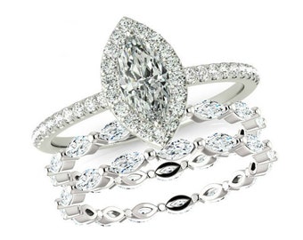 1 Karat Marquise Moissanite & Diamant Halo Ring mit Marquise Diamant Eternity Bands, benutzerdefinierte Stapelringe, Raven Fine Jewelers