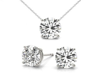 GIA 3 ctw Round Natural Diamond Stud Earrings & Pendant Necklace Set (D color, VVS1 clarity) Bespoke Handmade Jewelry, Raven Fine Jewelers