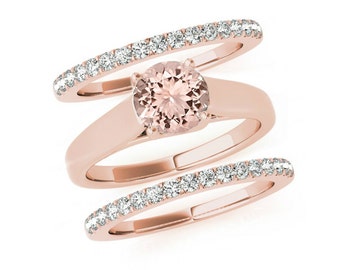 7mm Morganite Trellis Solitaire & Diamond Three Ring Wedding Set 14k Rose Gold, Morganite Wedding Sets, Stackable Rings, Morganite Rings