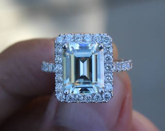 3.50 carat Forever One  Moissanite Engagement Ring 14k White Gold - Emerald Cut - Diamond Halo Engagement Wedding Rings for Women