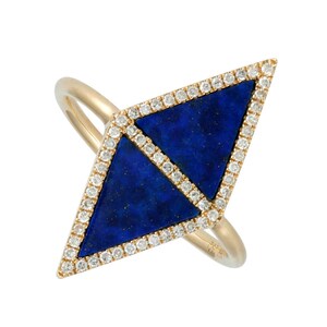 Triangle Blue Lapis & Diamond Geometric Ring 14k Yellow Gold