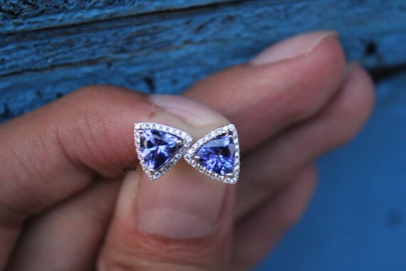 Tanzanite and Diamond Halo Stud Earrings Trillion Cut Gemstone