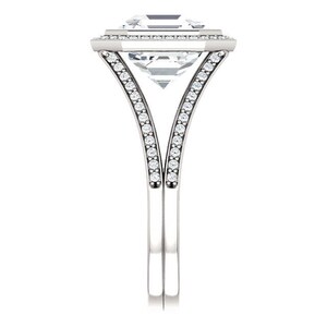 3.90 Carat Asscher Cut Supernova Moissanite & Diamond Bezel Halo Split ...