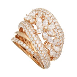 5.20 ctw Marquise & Round Diamond Flower Cascade Cocktail Ring 18k Rose Gold, Anniversary Gifts, Bespoke Jewelry, Raven Fine Jewelers