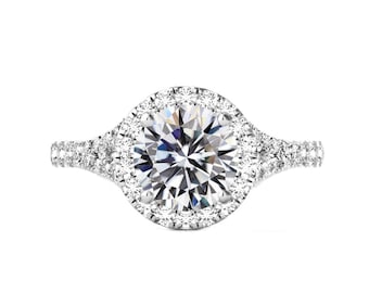 GIA 2.50 Carat Round Natural Diamond & Halo Split Shank Engagement Ring (D color, VVS1 clarity) - Bespoke Handmade Engagement Rings