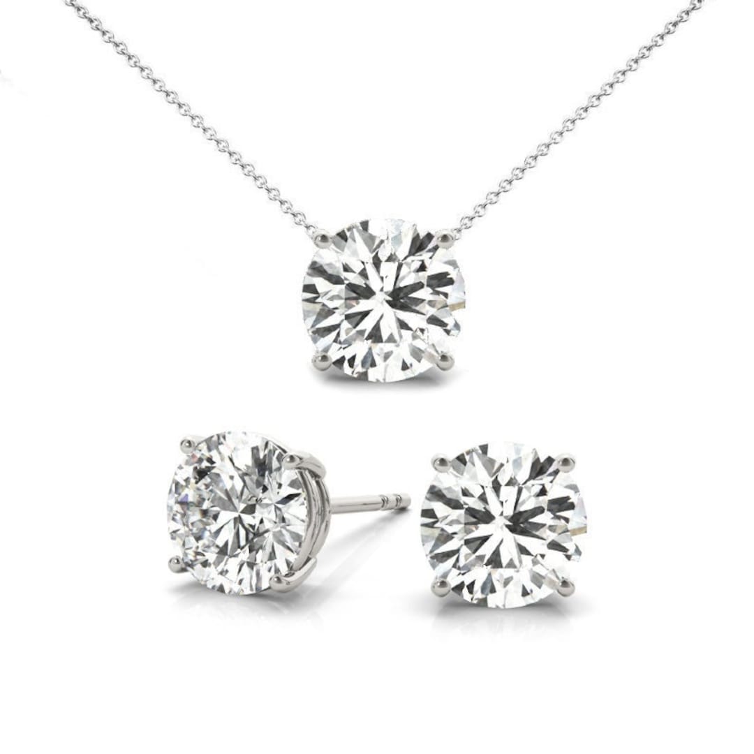 GIA 6 Ctw Round Natural Diamond Stud Earrings & Pendant Necklace Set M
