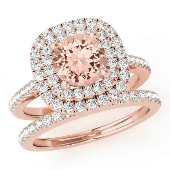 6 5mm Round Morganite Diamond Double Halo Engagement Ring Etsy