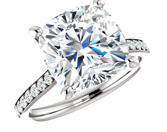 Cushion SUPERNOVA MOISSANITE & Diamond Engagement Ring 14k White Gold, 18k or Platinum - 10mm 5 Carat Cushion Supernova Moissanite Rings
