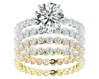 2.00 Carat Round Forever One Moissanite & Diamond Shared Single Prong Floating Diamond Eternity Stacking Bands 14k White, Rose, Yellow Gold