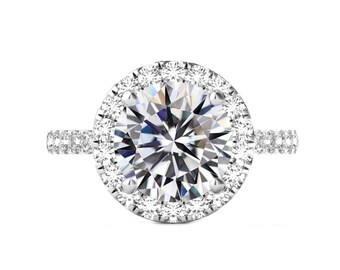 6 Carat Round Moissanite & 2mm Diamond Halo Band Engagement Ring 14k White Gold, 12mm Moissanite Engagement Ring, Raven Fine Jewelers