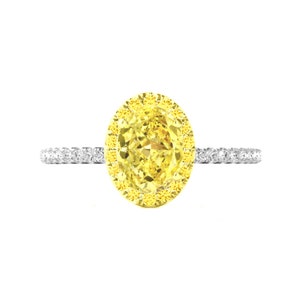 GIA 2 Carat Oval Fancy Intense Yellow Diamond & Halo Pave Engagement Ring 18k Two Tone Gold, Pink Diamond and Yellow Diamond Bands image 2