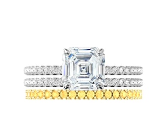 2.25 ct Asscher Cut Forever One Moissanite & Diamond Engagement Ring with White and Yellow Diamond Stackable Bands, Bridal Sets for Women