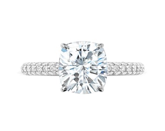 GIA 3 Carat Cushion Diamond & Hidden Halo Three Row Pave Engagement Ring, Diamond Engagement Ring, Raven Fine Jewelers