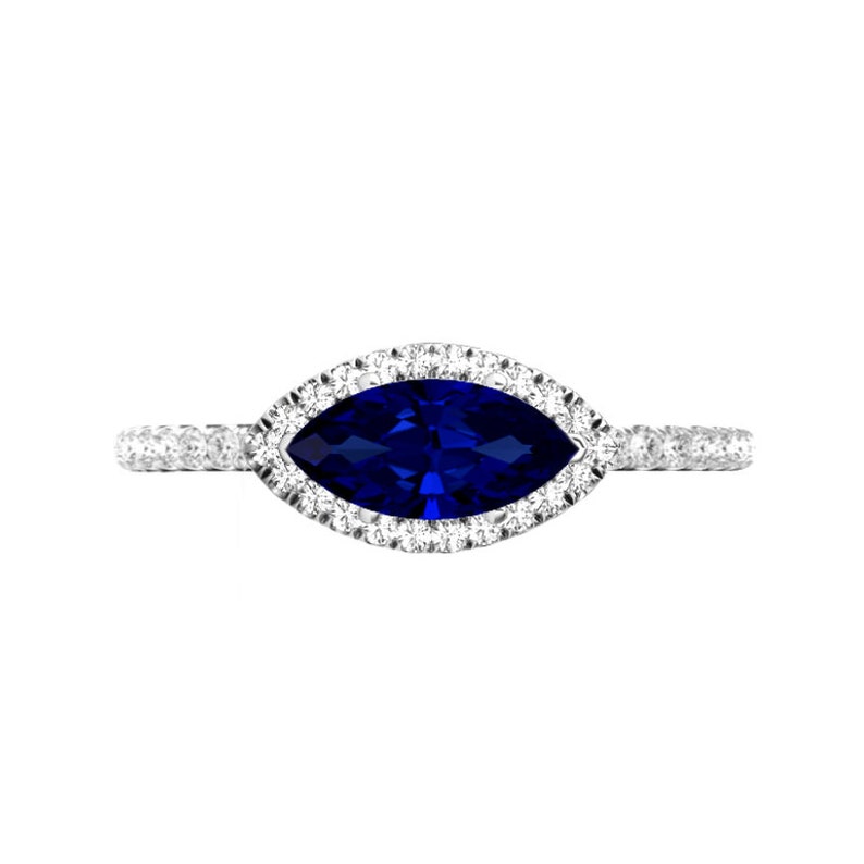 2 Carat Marquise Blue Sapphire & Diamond Halo East West Ring - Etsy