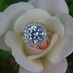 Round 9mm Forever One Moissanite & Cushion Diamond Halo - 3 Carat Moissanite Engagement Ring 14k White Gold - Moissanite Rings For Women