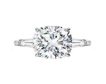 GIA 2 Carat Cushion Natural Diamond & Tapered Baguette Hidden Halo Three Stone Solitaire Engagement Ring (E color and VVS2 clarity)