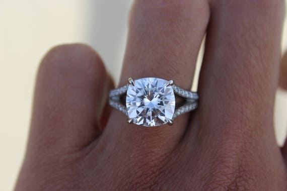 5 Carat Cushion Forever One Moissanite Diamond Split Shank
