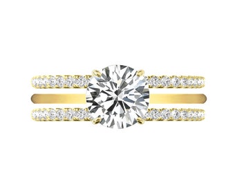 GIA Certified 3.00 Carat Round Diamond & Hidden Halo With Two Diamond Pave Stackable Bands 14k Yellow Gold, Diamond Bridal Sets, Handmade