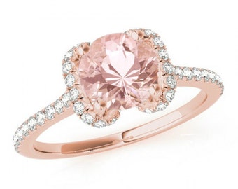 1 Carat Morganite & Diamond Halo Engagement Ring 14k Rose Gold, Morganite Engagement Rings, Anniversary Ring, Morganite Rings For Women