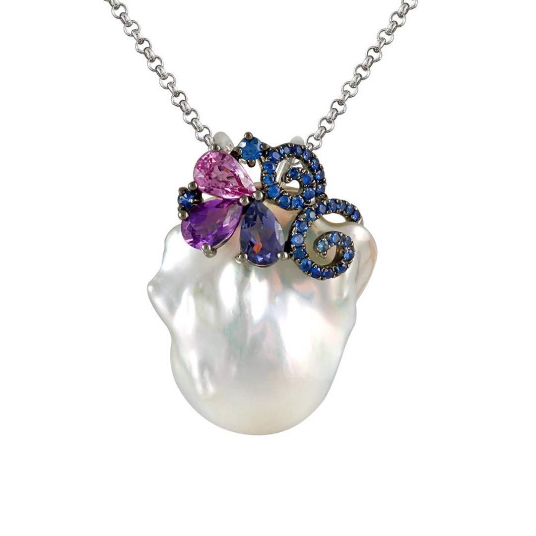 Baroque Freshwater Pearl Sapphire & Gemstone Pendant Necklace - Etsy