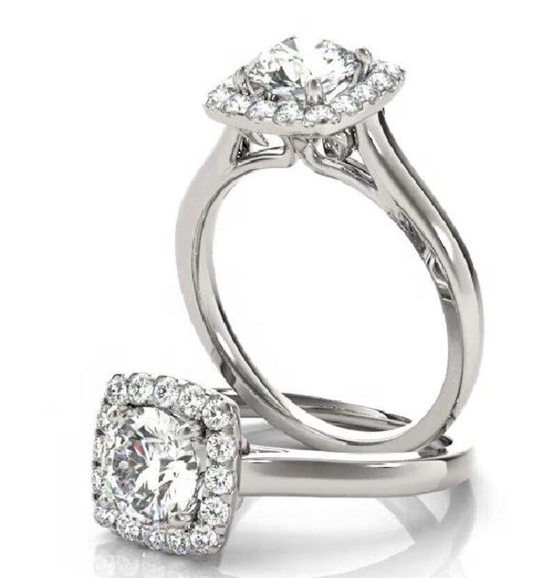 1 Carat SUPERNOVA Moissanite and Diamond Engagement Ring 14k White Gold Diamond Halo Cushion Halo Wedding Rings For Women, Supernova image 5