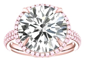 GIA 2 Carat Round Natural Diamond & Pink Diamond Halo Three Row Pave Engagement Ring (E color and VVS2 clarity) - Bespoke Handmade Rings