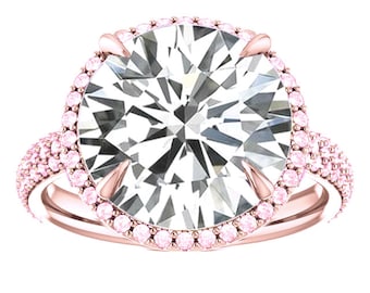 6 Carat Round Lab Grown Diamond & Pink Diamond Halo Three Row Pave Engagement Ring 14k Rose Gold - Bespoke Handmade Engagement Rings