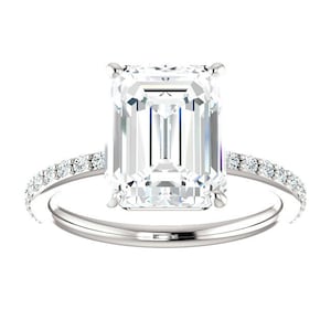 3.50 Carat Emerald Cut Forever One Moissanite & Diamond Hidden Halo Engagement Ring 14k White Gold, 18k, Platinum, Anniversary Rings 10x8mm
