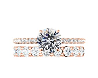 2 Karat Rund Moissanit & Diamant Hidden Halo Verlobungsring mit 3mm Diamant Eternity Band 14k Roségold, Moissanit Braut Set