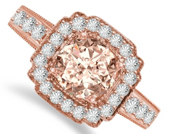 Vintage Style Morganite & Diamond Engagement Ring 14k Rose Gold - Pink Morganite Engagement Rings for Women - Anniversary Rings - Gemstone