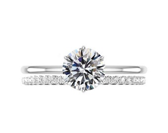 GIA Zertifiziertes 1 Karat RundEr Natürlicher Diamant Sechs Prong Solitär Verlobungsring & Diamantband Hochzeit Set (J Farbe und SI1 Klarheit)