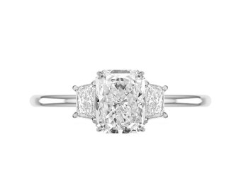 GIA 2 Carat Radiant Natural Diamond & Trapezoid Three Stone Engagement Ring (E color, VS1 clarity) - Bespoke Handmade Engagement Rings